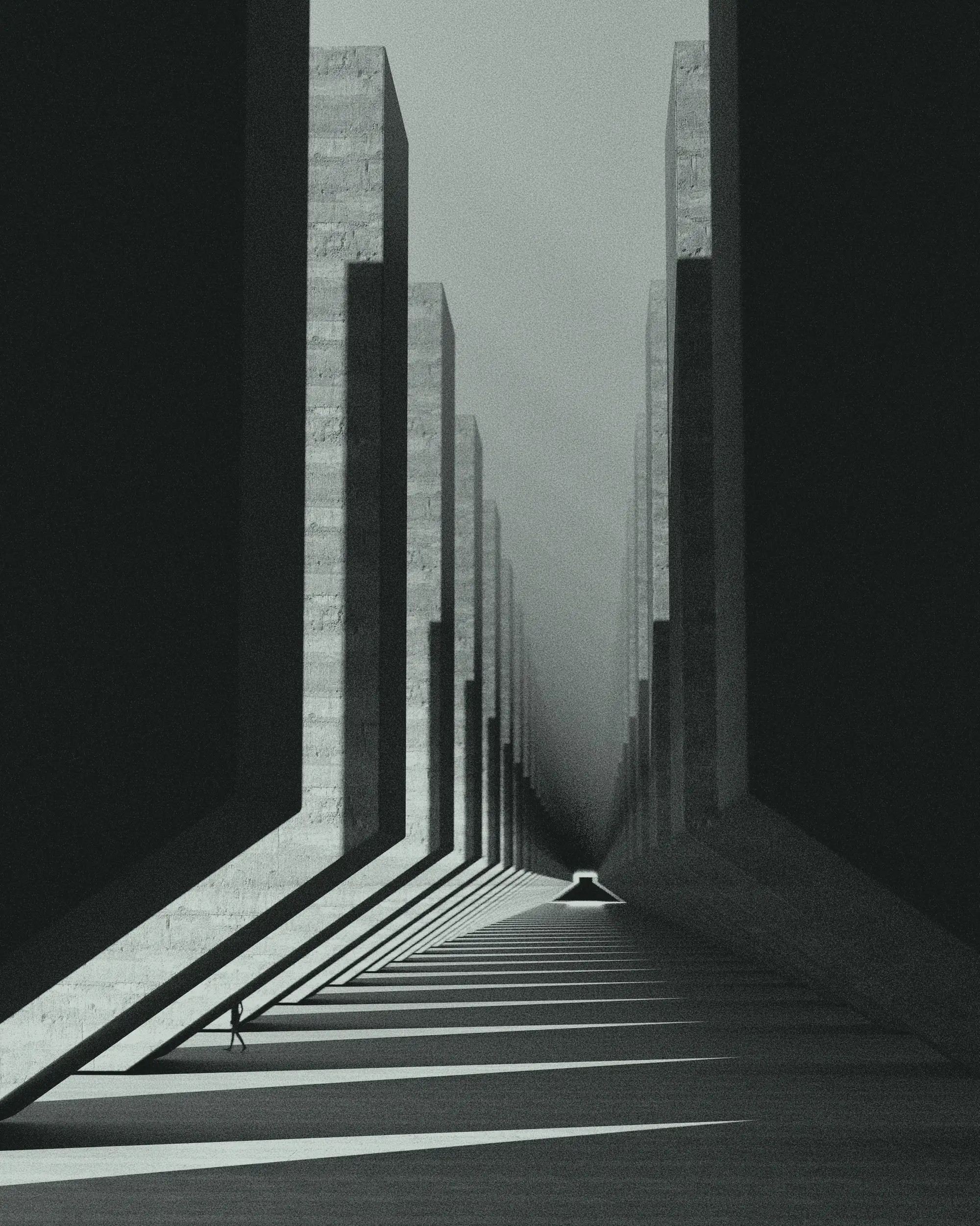 Narrow passage between two concrete walls in half-light, with light at the far end and deep shadows on either side.