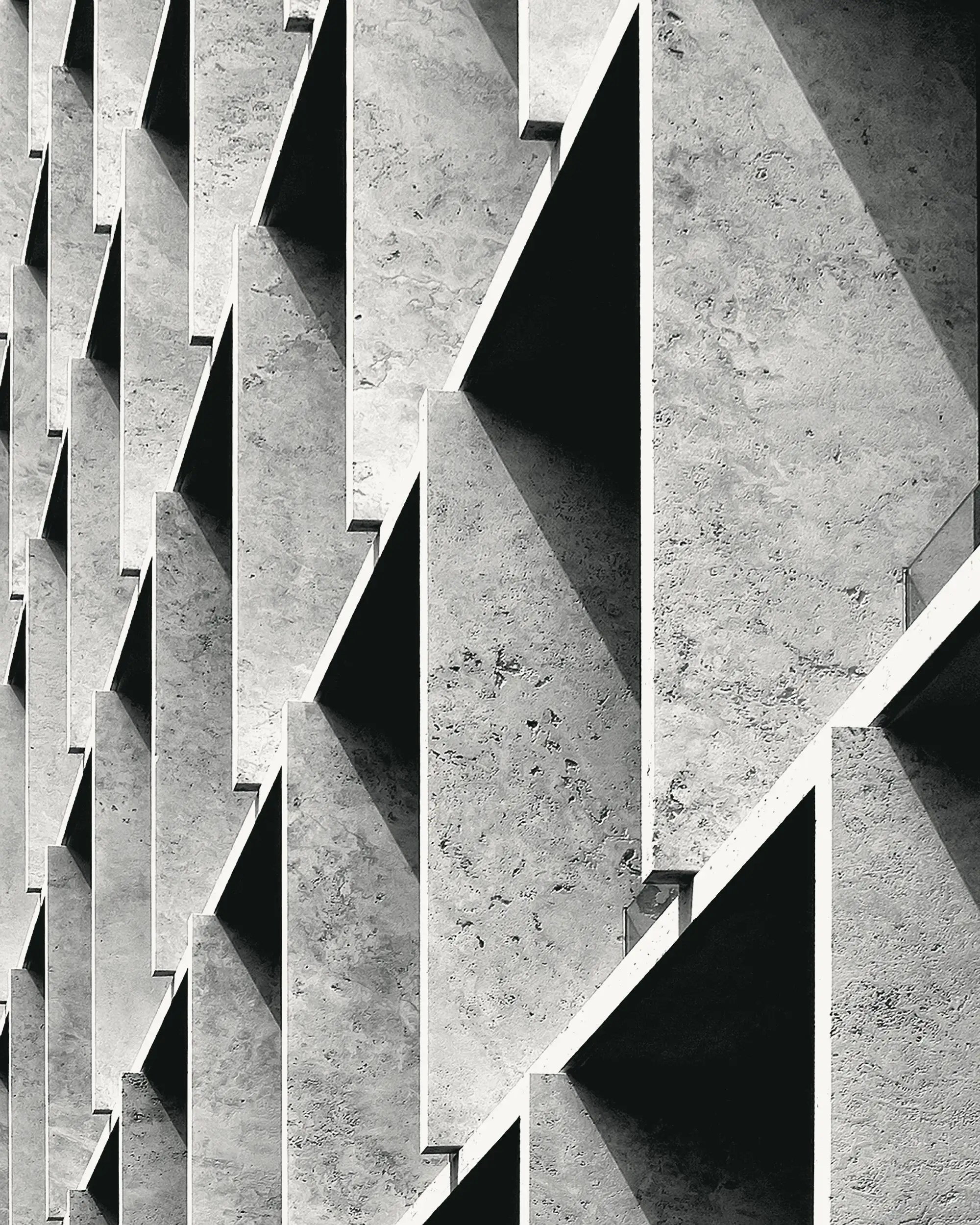 Diagonal concrete fins with hard shadows, black and white, strong repetition.
